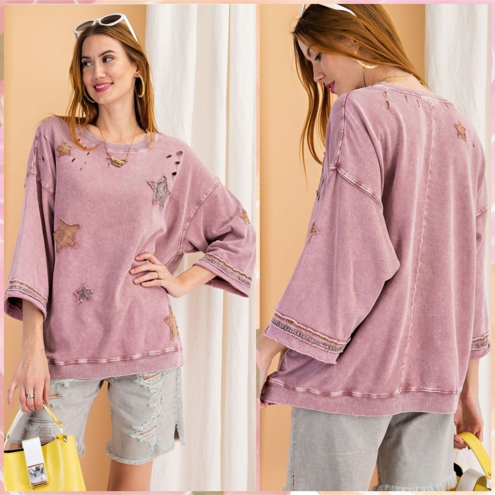 Easel Patchwork Mineral Wash Lightweight Knit Top - Picture 5 of 16